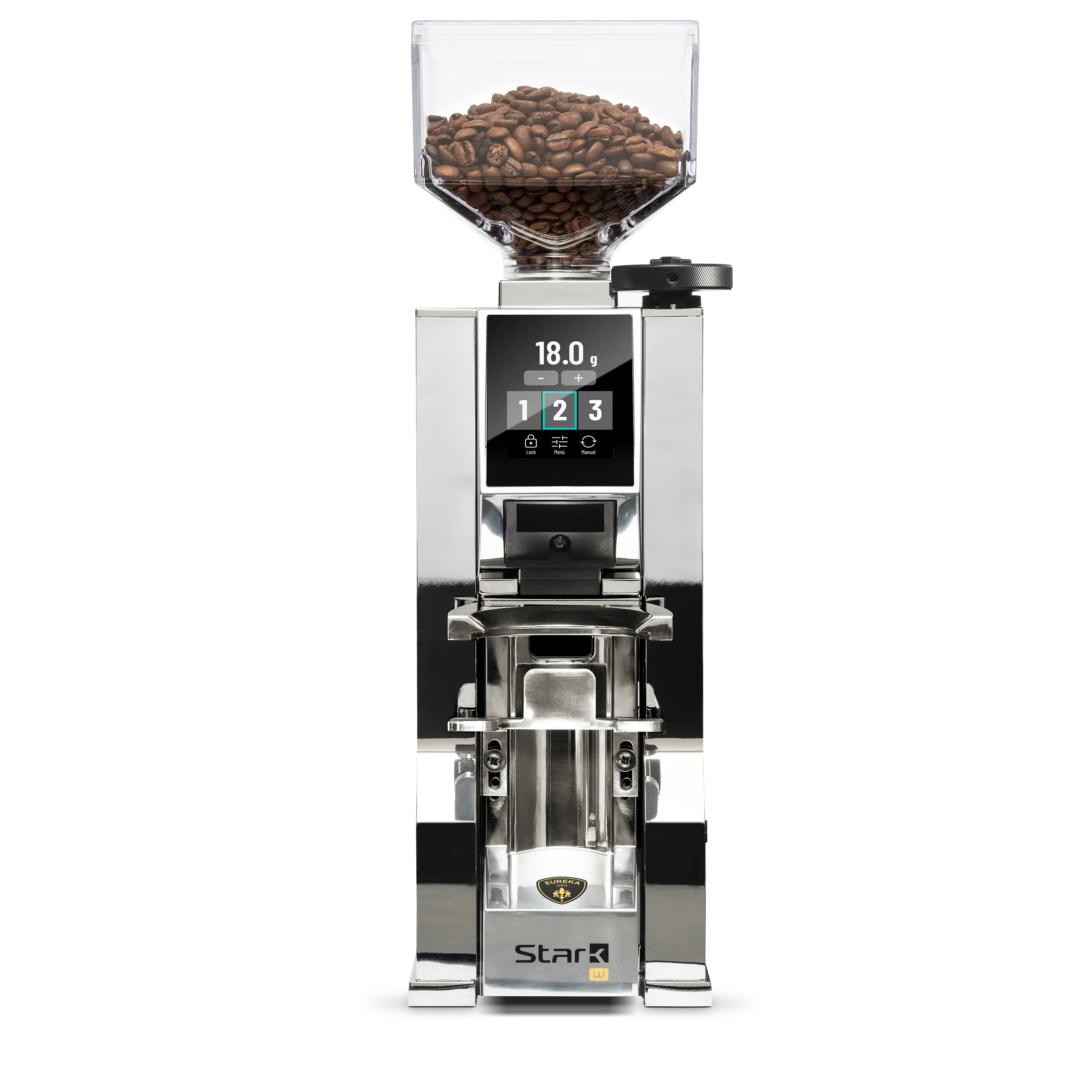 Eureka Mignon Stark W 65 Chrom Grind by Weight Frontansicht eingeschalten