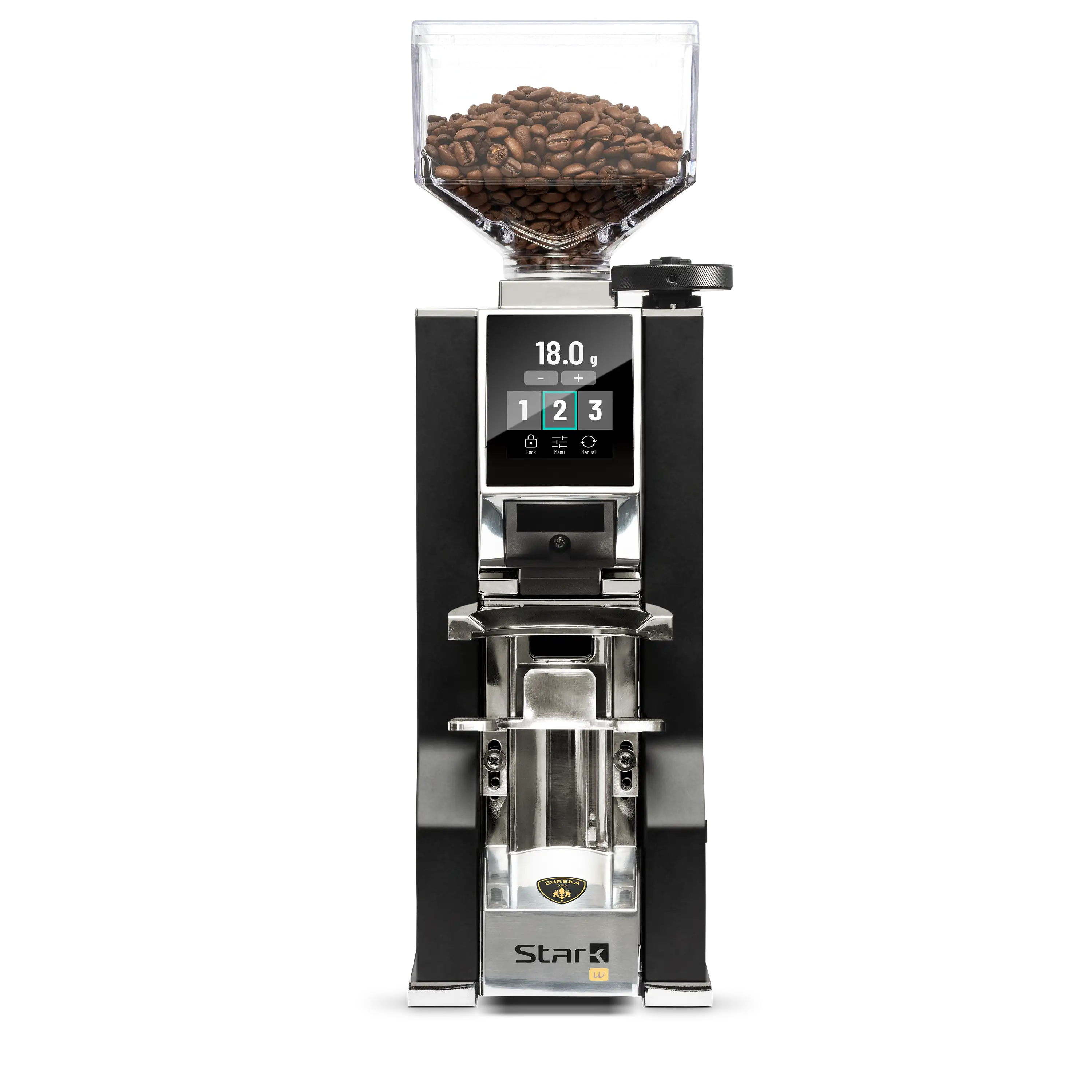 Eureka Mignon Stark W 65 Schwarz Grind by Weight Frontansicht eingeschalten