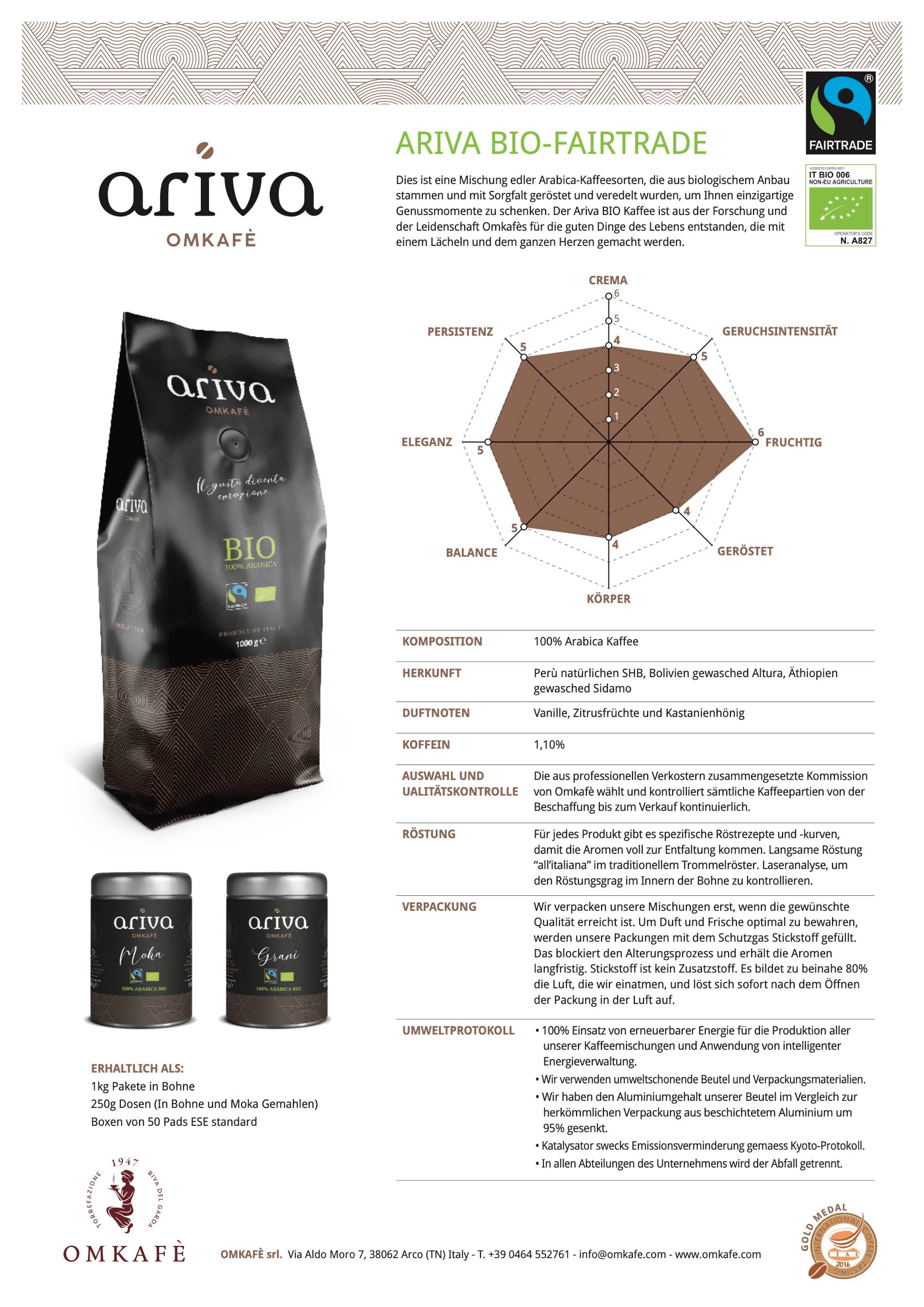 Omkafe Ariva BIO Fairtrade Datenblatt