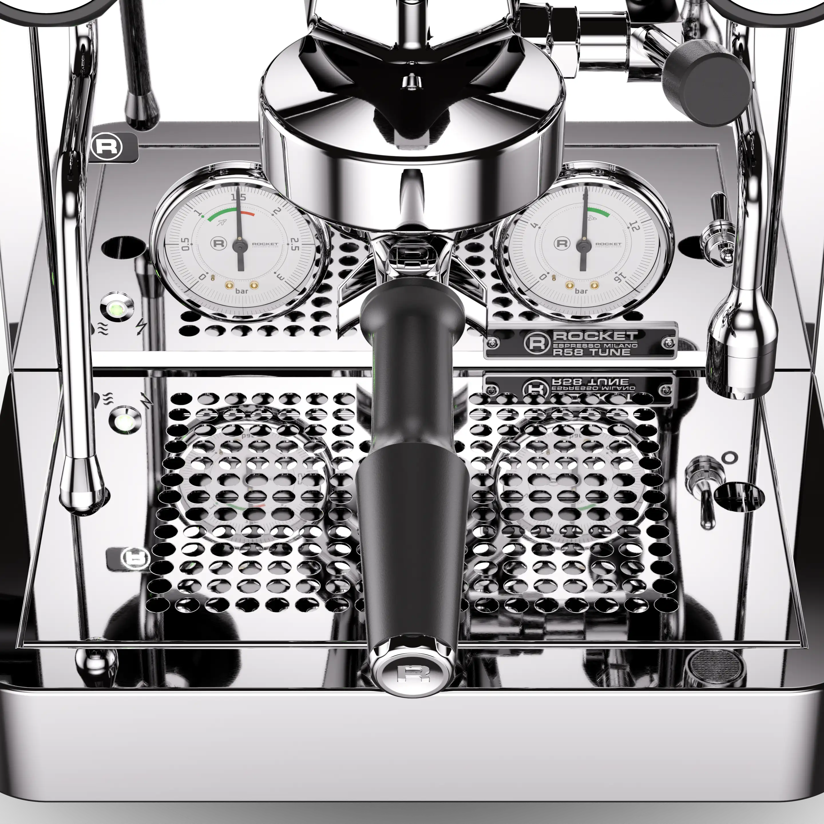 Rocket R58 Tune Edelstahl Detailansicht Abtropfgitter und Manometer