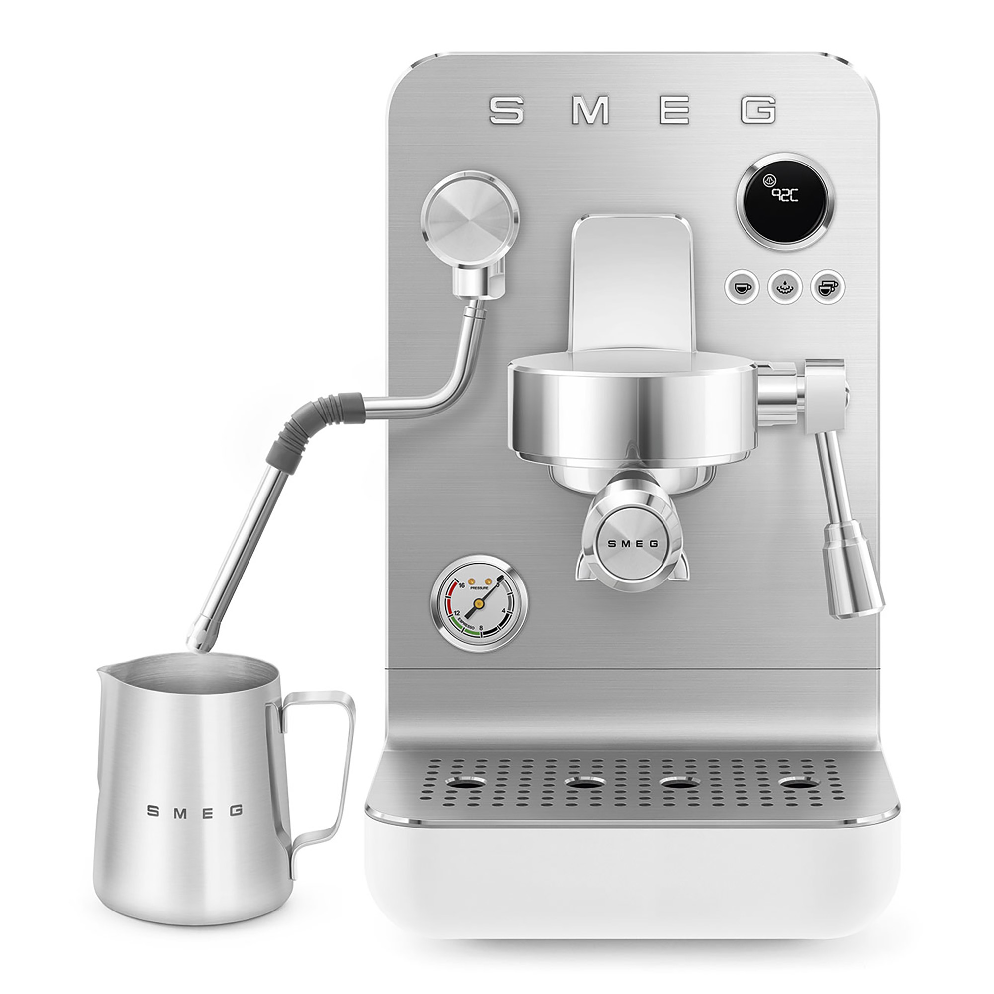 SMEG Mini Pro Espressomaschine Weiss Ansicht mit Milchkännchen