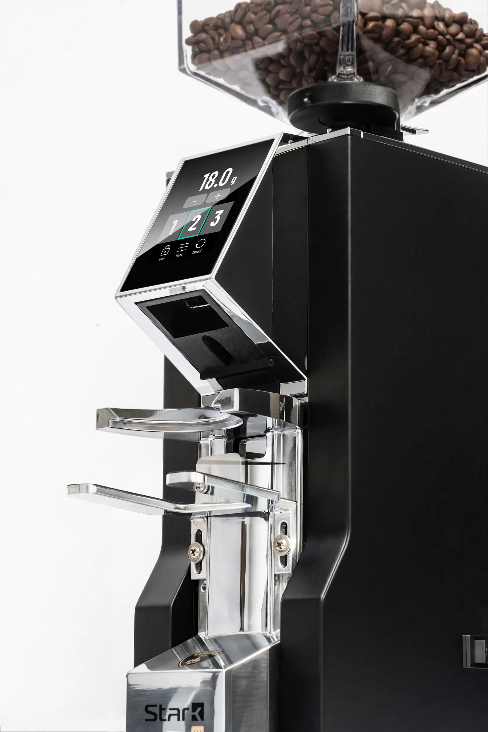 Eureka Mignon Stark W 65 Schwarz Grind by Weight Schraegansicht von unten eingeschalten