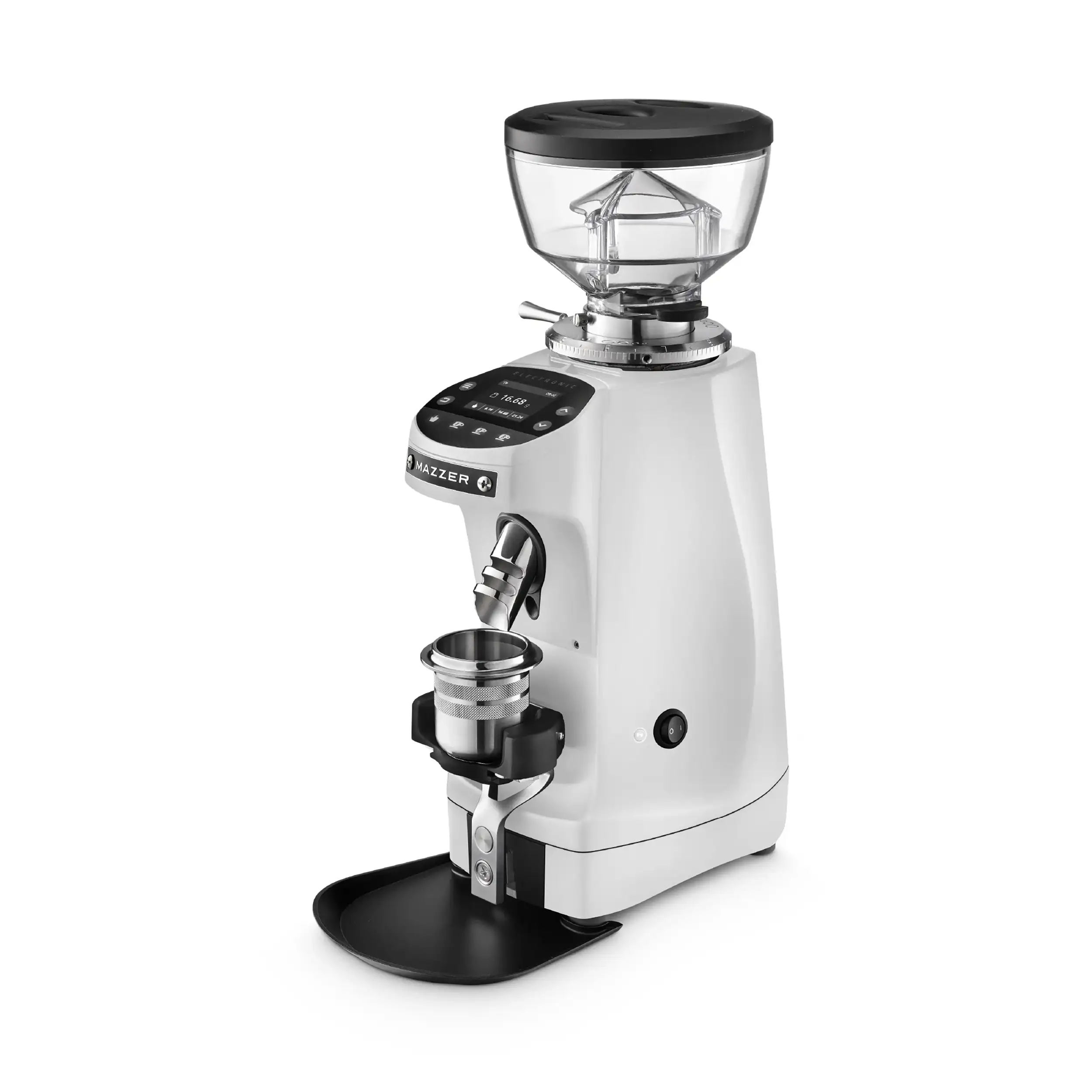 Mazzer Mini g Weiss Matt Schrägansicht mit Dosing Cup
