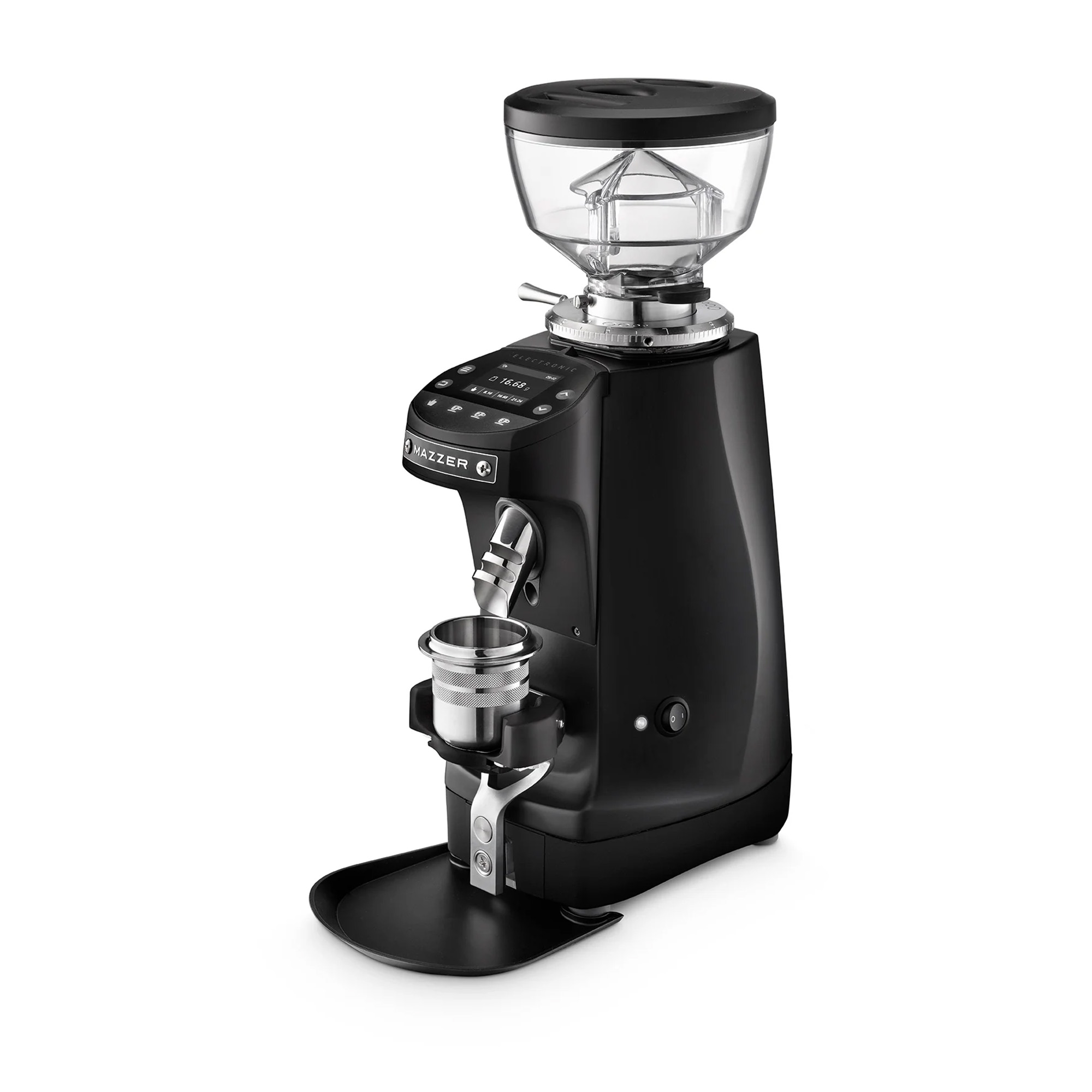 Mazzer Mini g Schwarz grind by weight abbildung mit Dosierbecher und Becheraufnahme