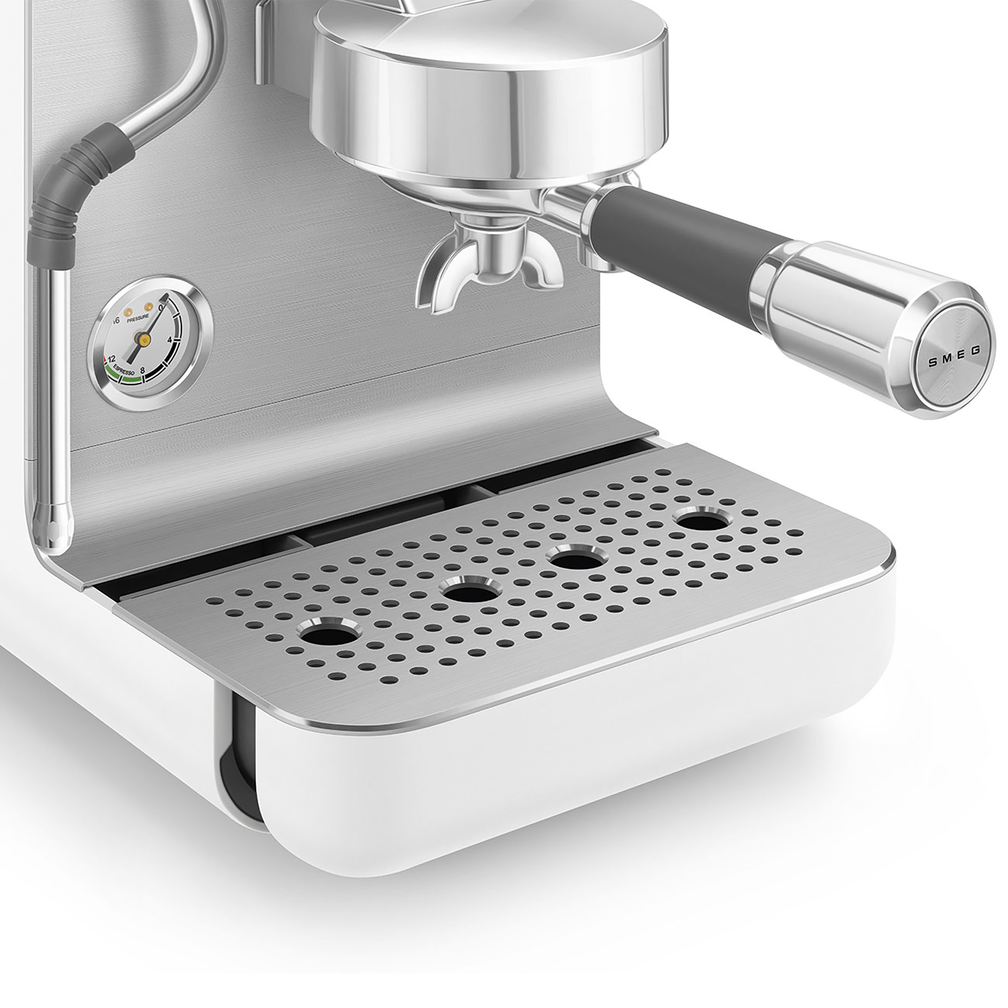 SMEG Mini Pro Espressomaschine Weiss Detailansicht Manometer und Abtropfschale