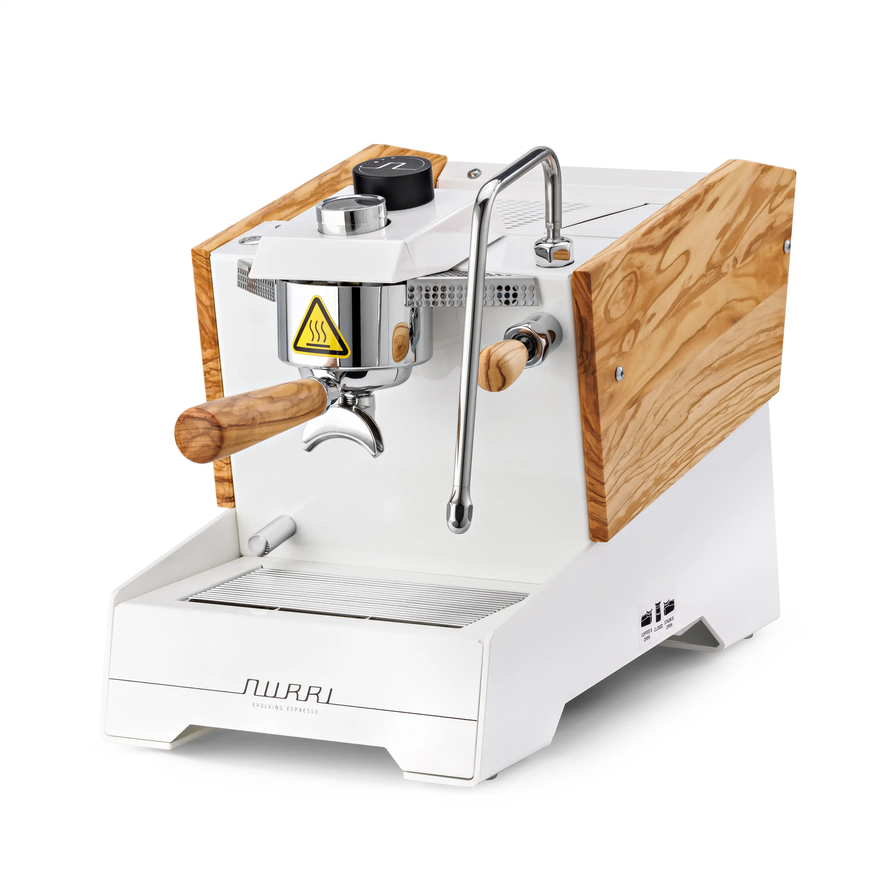 Nurri R Type DB Dualboiler Espressomaschine Glanzweiss Olive Schraegansicht