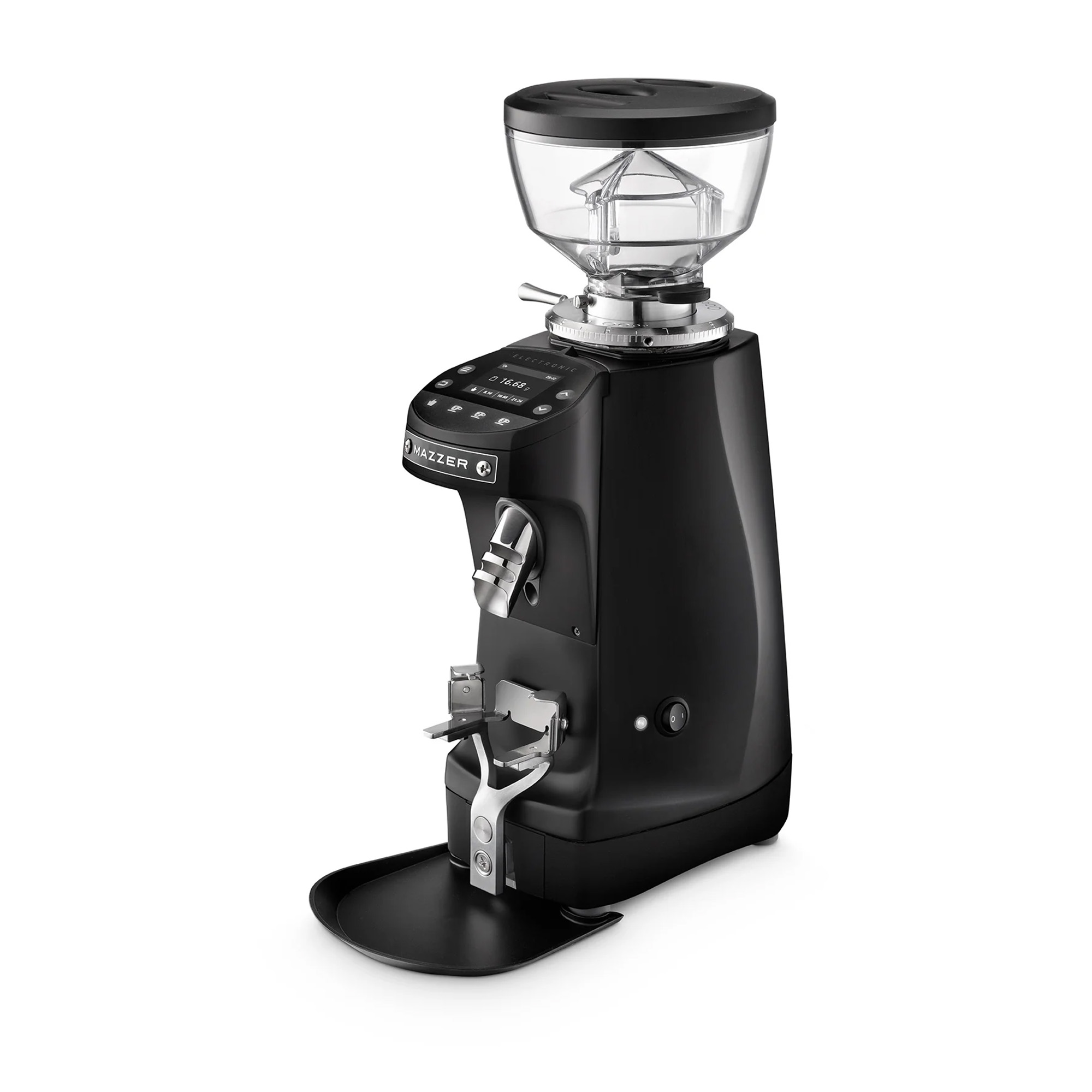 Mazzer Mini g Schwarz grind by weight abbildung mit Siebträgergabel