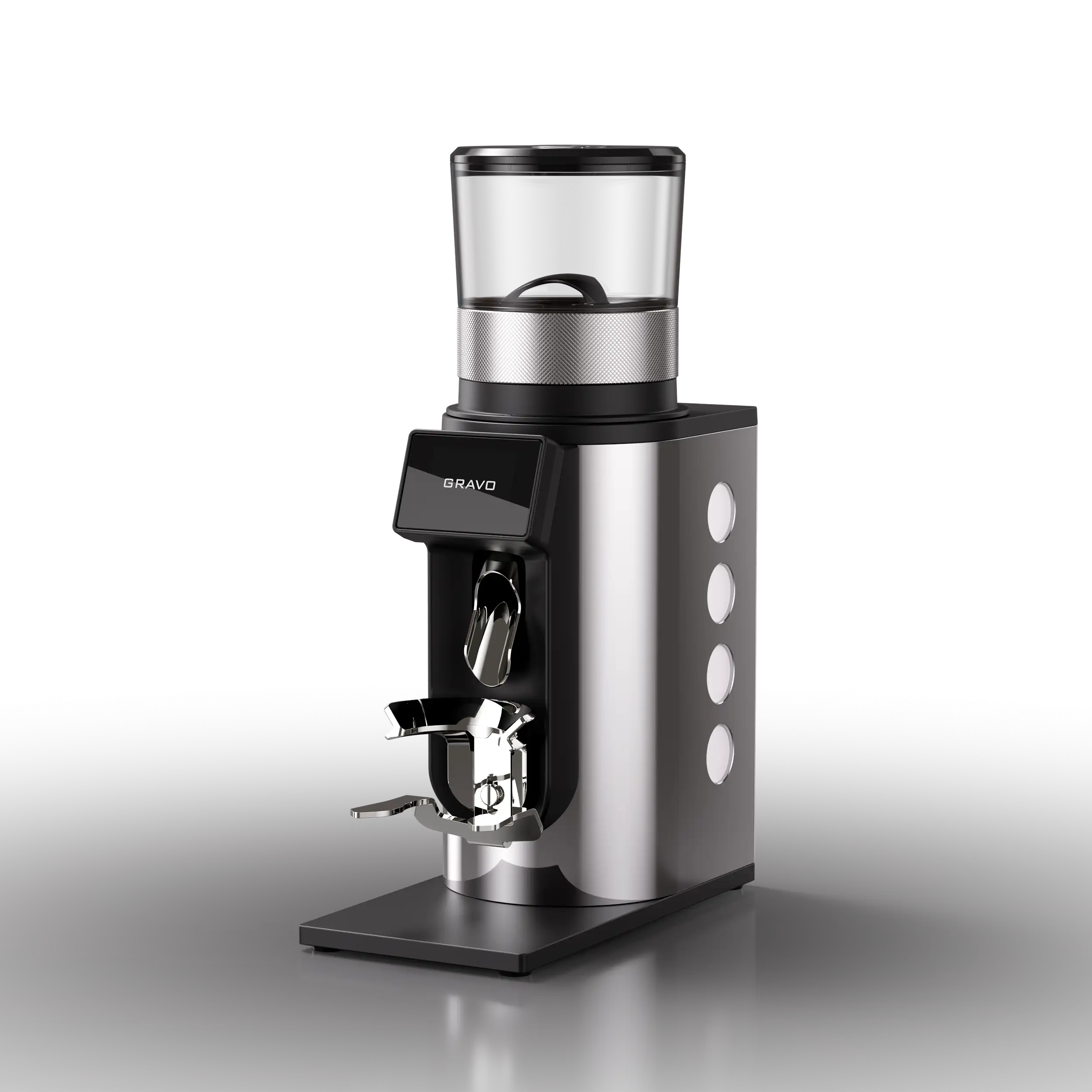 Rocket Gravo GbW Kaffeemühle Chrom Weiss Schrägansicht