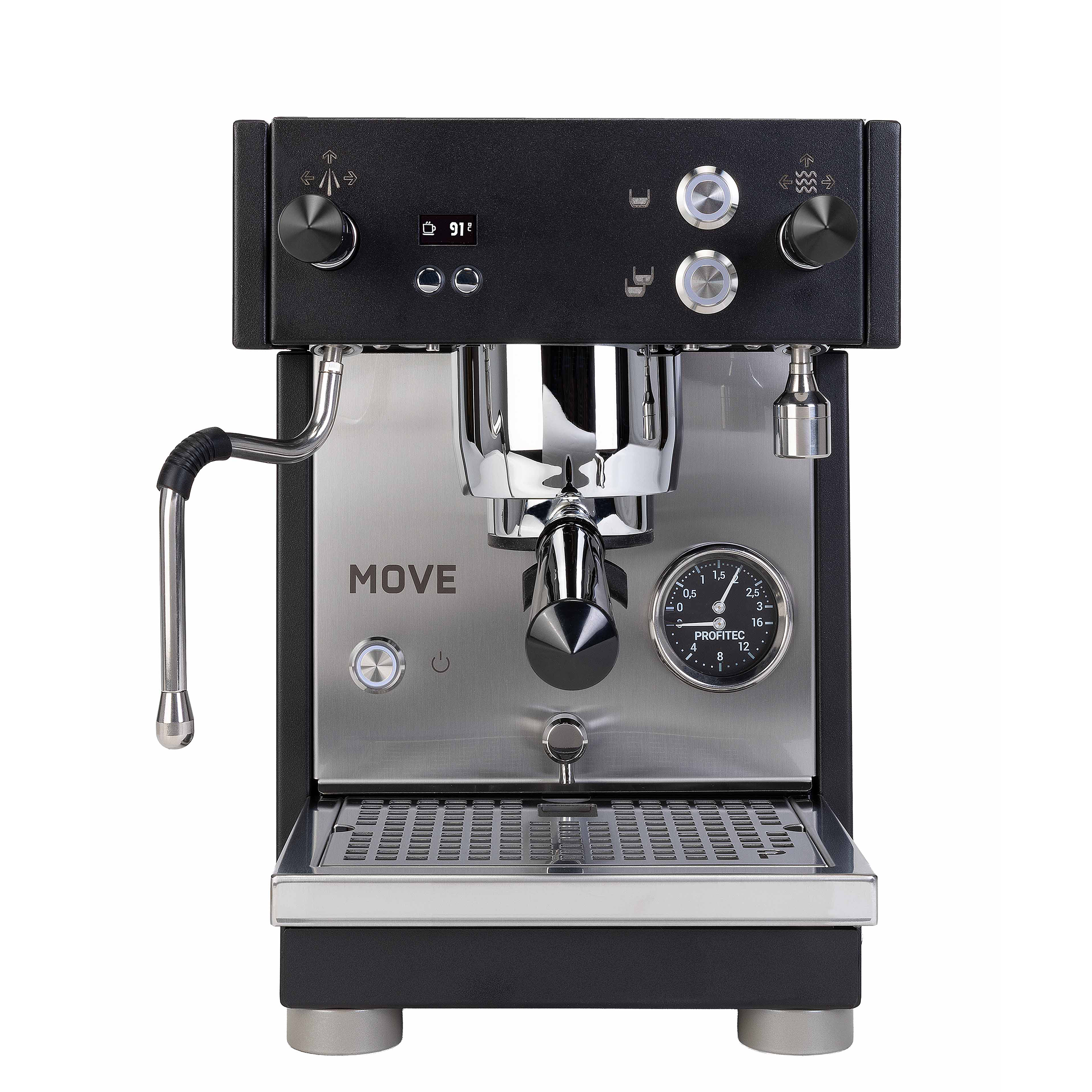 Profitec Move 2.0 Schwarz Brew by Weight Espressomaschine Frontansicht